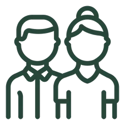 Icono en líneas verdes de un hombre y una mujer representando el equipo de soporte, atención al cliente o personal de la empresa.